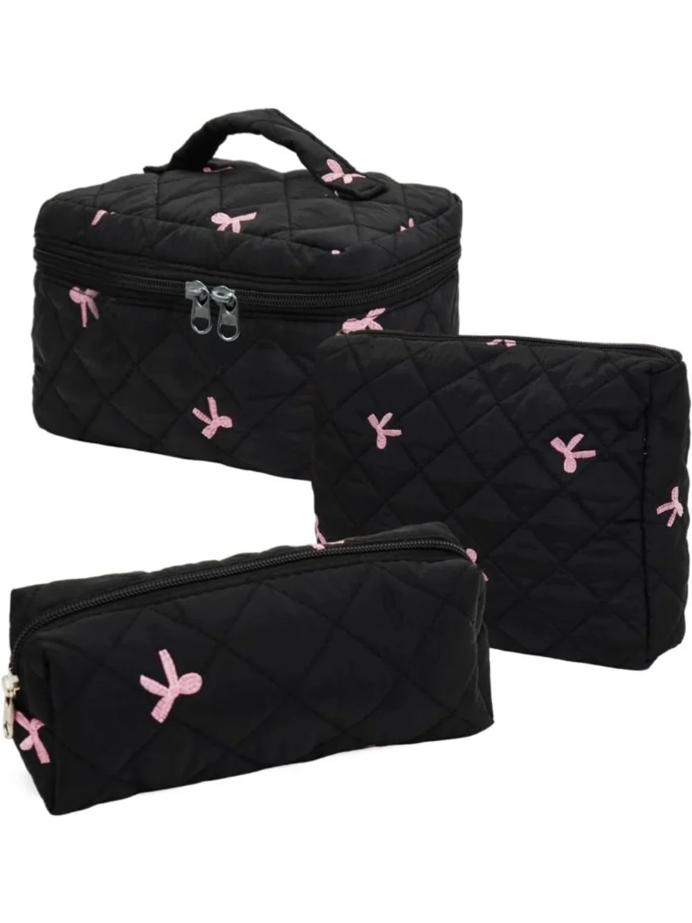 3PC Floral Makeup Bag Set - Large Quilted Cosmetic & Toiletry Bags for Travel